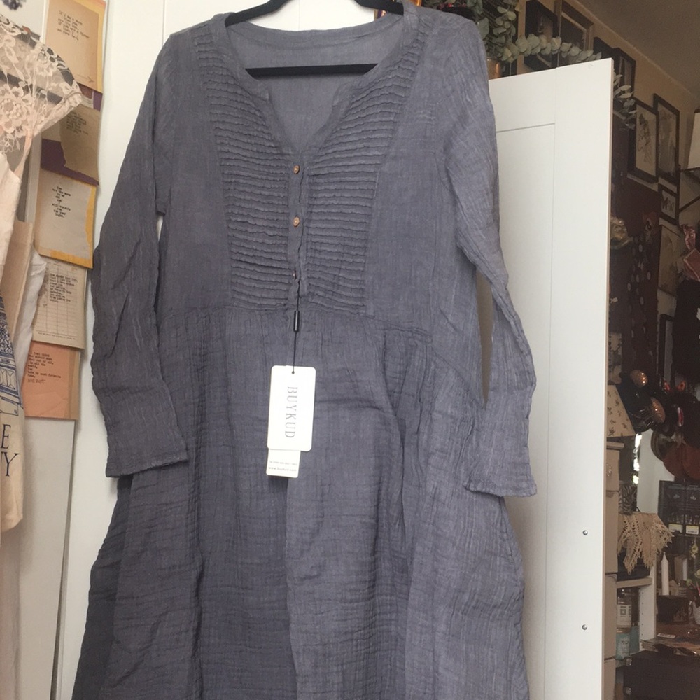 Blue Gauzy Long Sleeve Dress